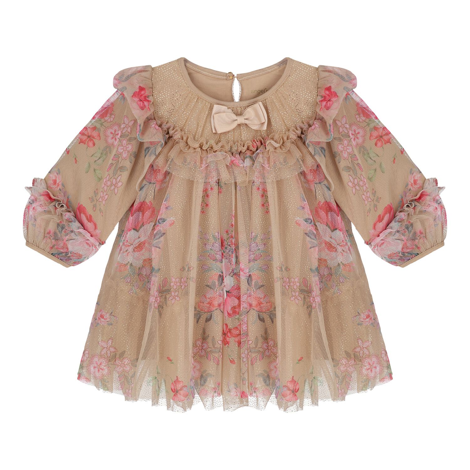 Baby Girls Beige Floral Ruffled Tulle Dress, 3, hi-res