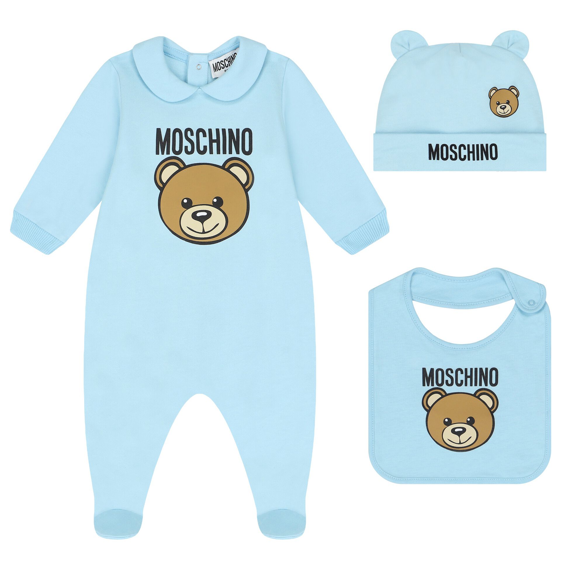 Moschino Blue Teddy Bear Logo Babygrow Gift Set Junior Couture UK