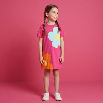 Girls Pink Flower Appliques T-Shirt Dress