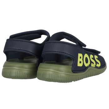 Boys Navy Blue & Green Logo Sandals