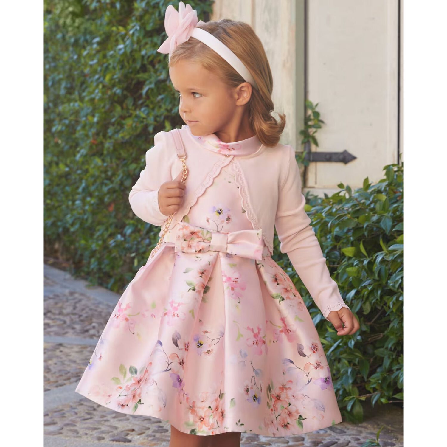 Girls Pink Floral Satin Dress, 1, hi-res image number null