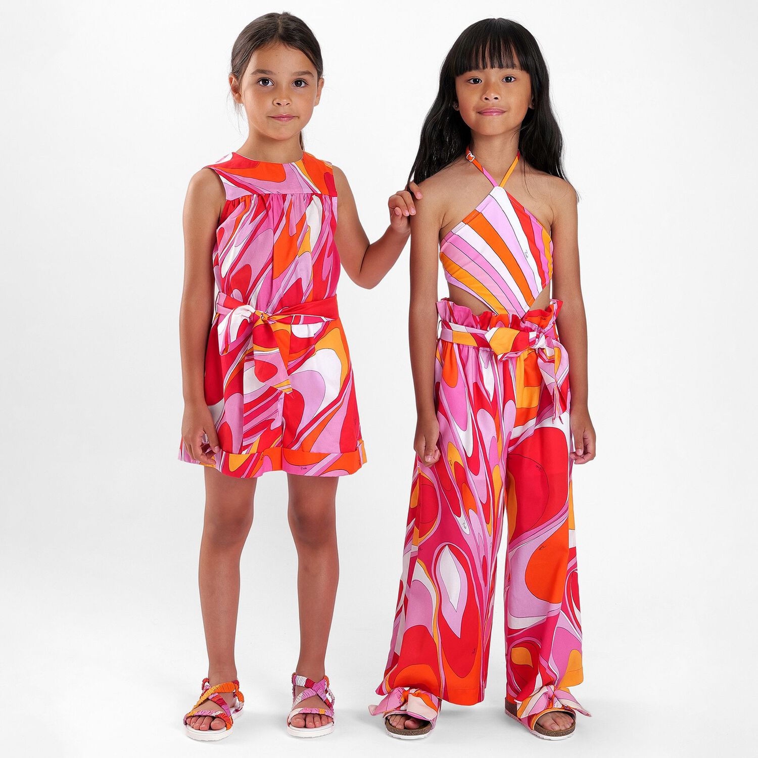 Girls Pink & Orange Bow Sliders, 1, hi-res