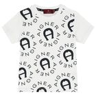 Younger Boys White & Navy Blue Logo T-Shirt, 1, hi-res