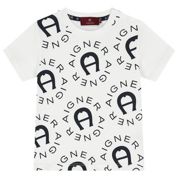 Younger Boys White & Navy Blue Logo T-Shirt