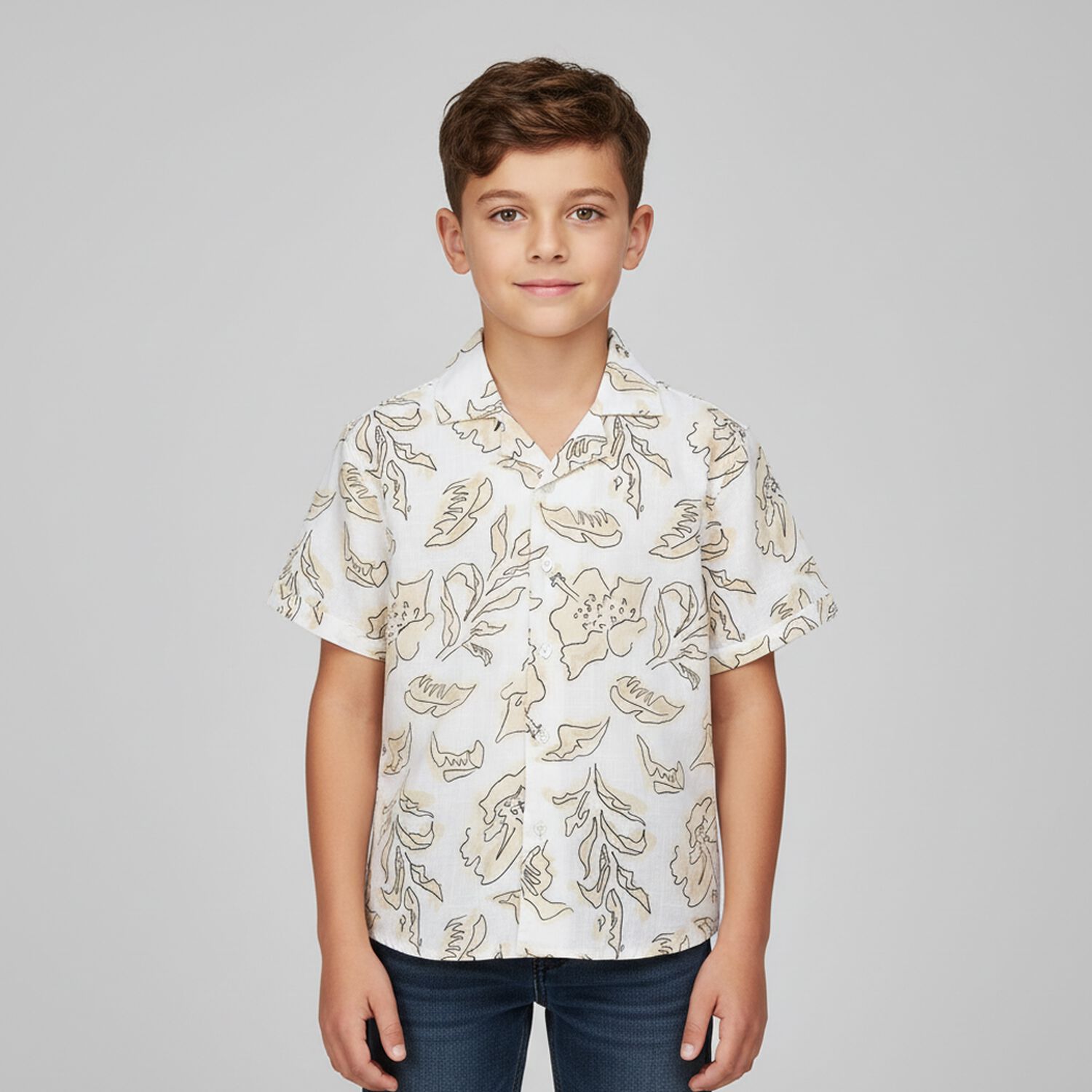 Boys Ivory & Beige Cotton Shirt, 1, hi-res