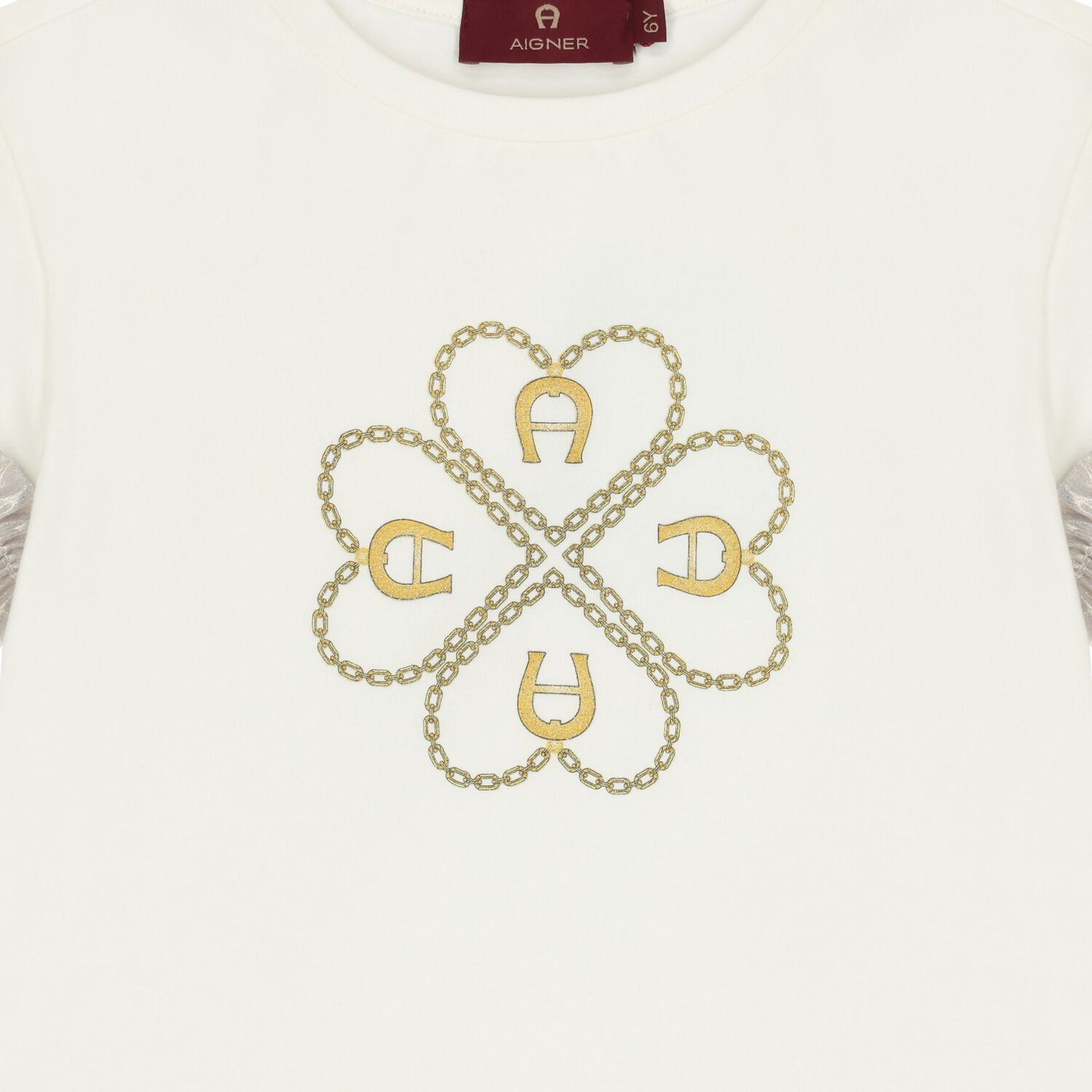 Girls Ivory & Gold Logo T-Shirt, 1, hi-res