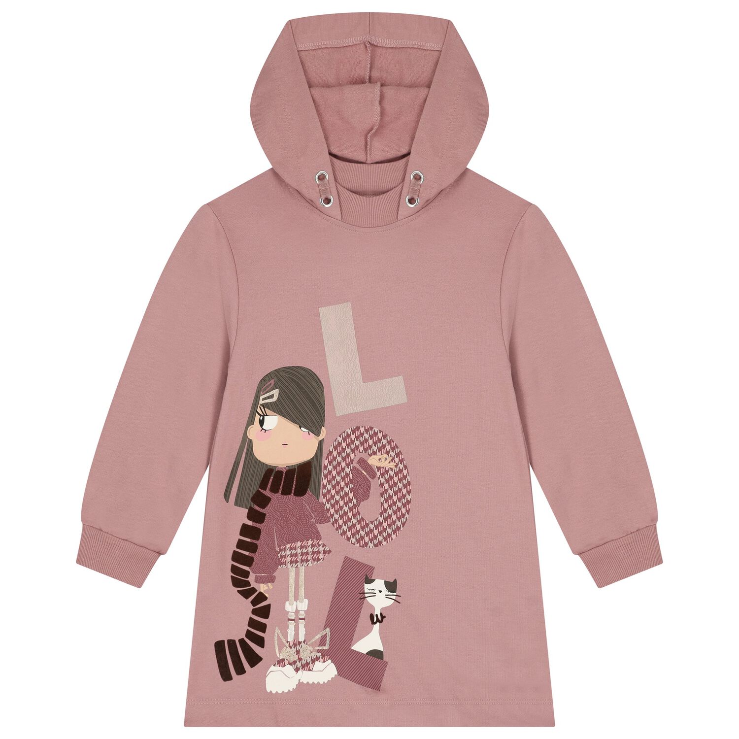 Girls Pink Hooded Sweatshirt Dress, 2, hi-res
