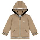 Younger Boys Beige Logo Hooded Zip Up Top, 2, hi-res