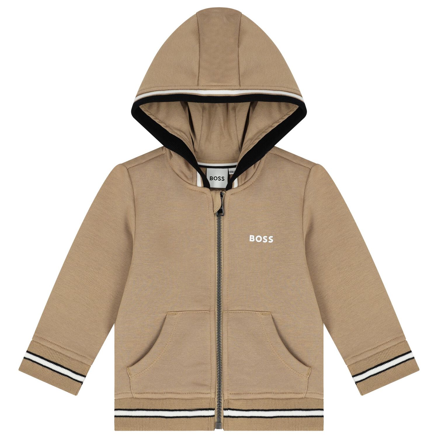 Younger Boys Beige Logo Hooded Zip Up Top, 2, hi-res