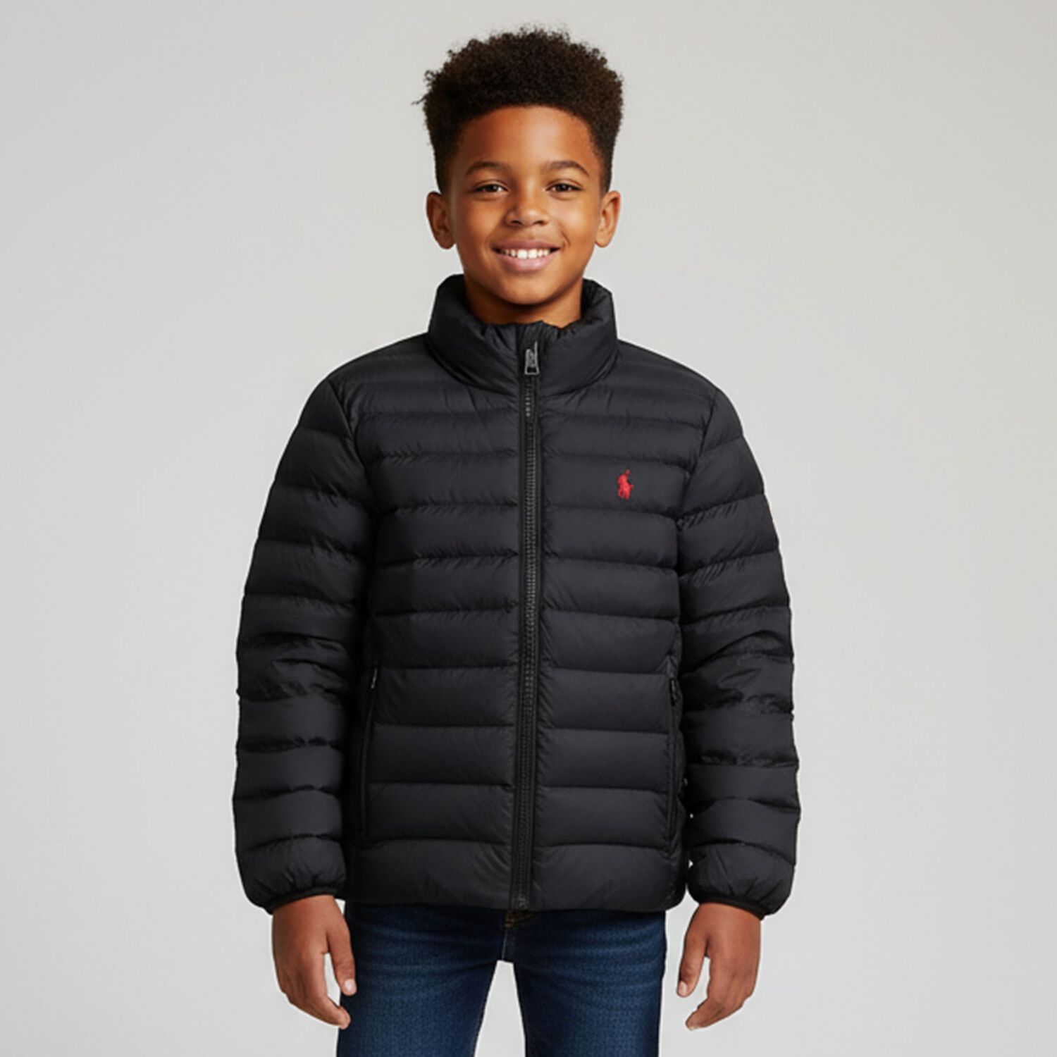 Boys Black Logo Puffer Jacket, 1, hi-res