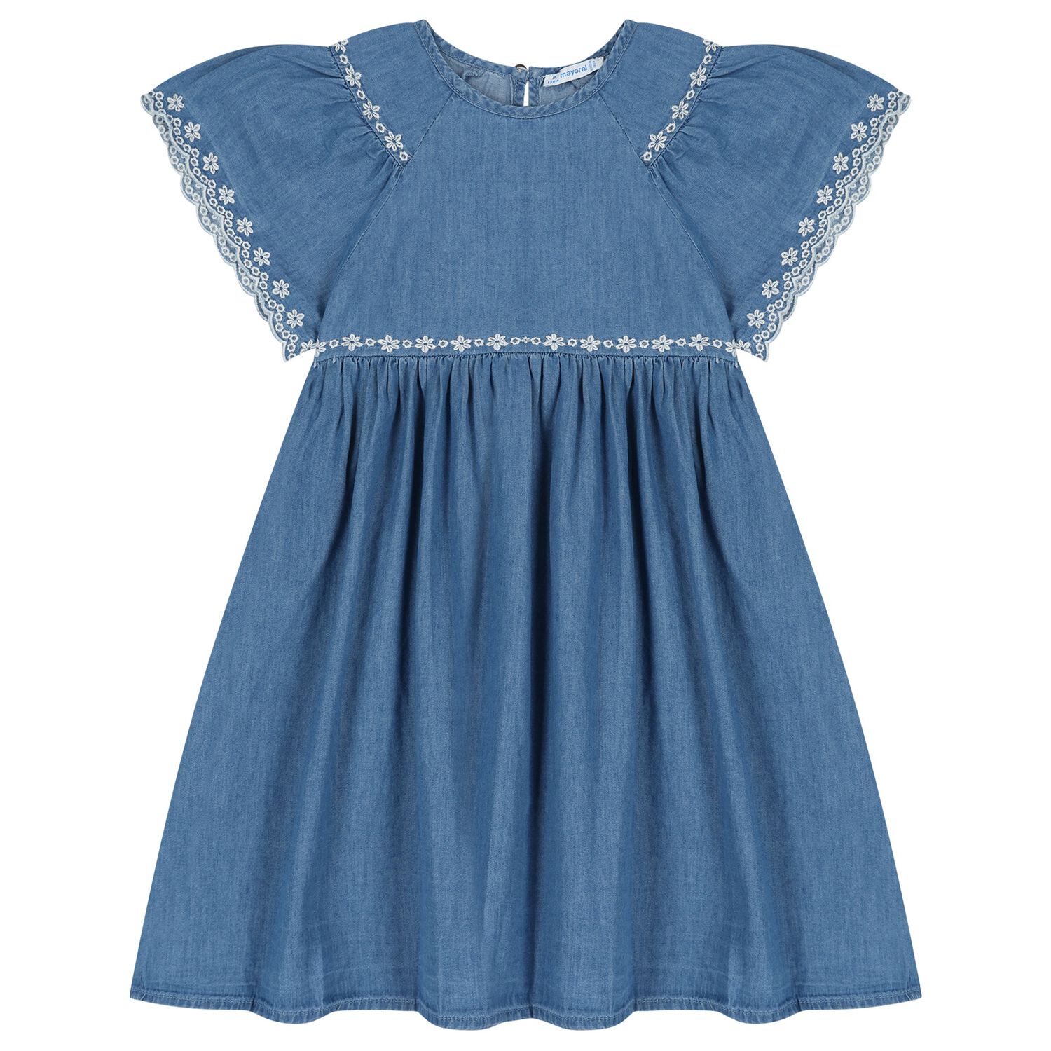 Girls Denim Blue Floral Lace Dress, 1, hi-res