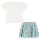 Girls White & Aqua Floral Tulle Skirt Set, 1, hi-res