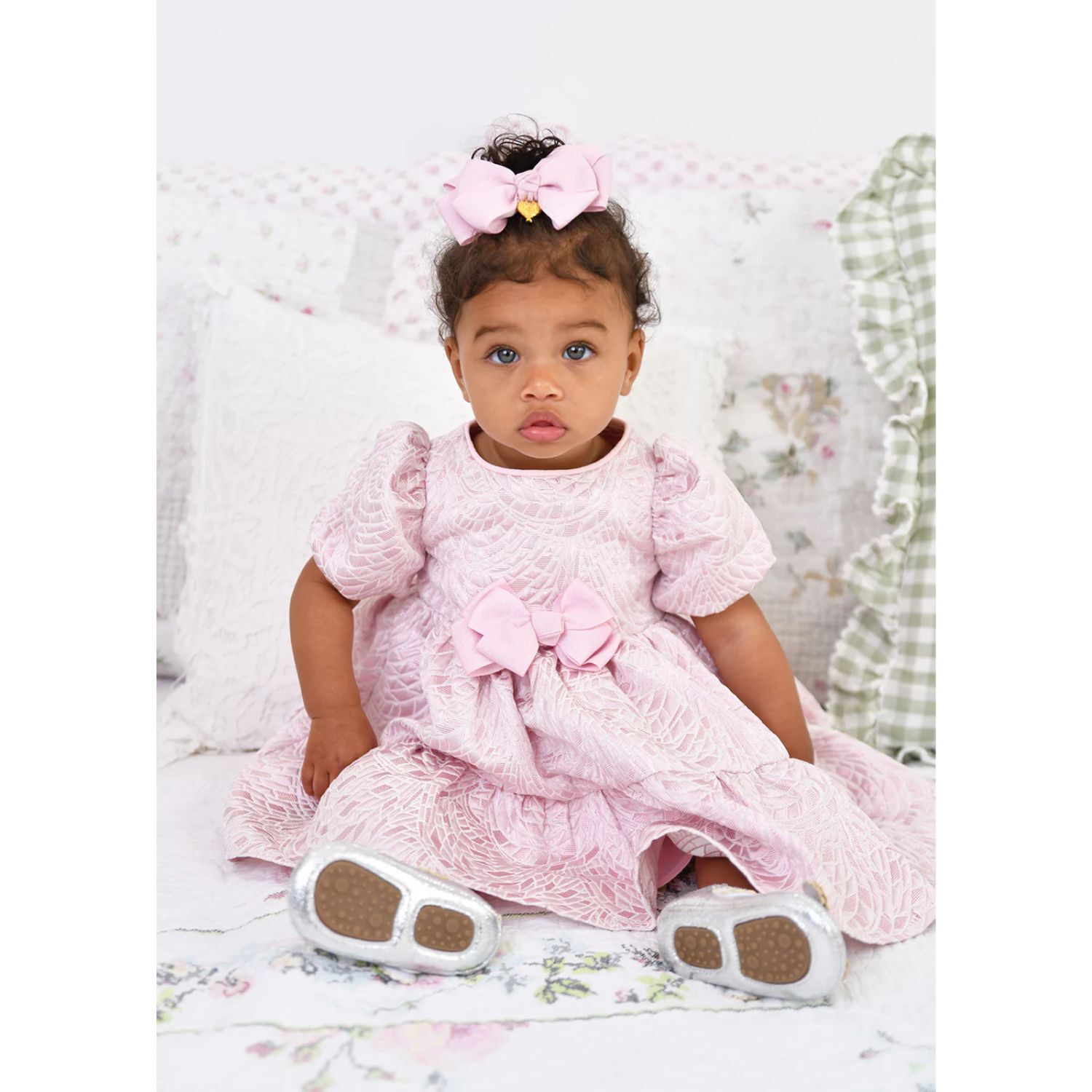 Baby Girls Pink Jacquard Tiered Dress, 1, hi-res
