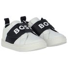Boys White & Navy Blue Logo Trainers, 1, hi-res
