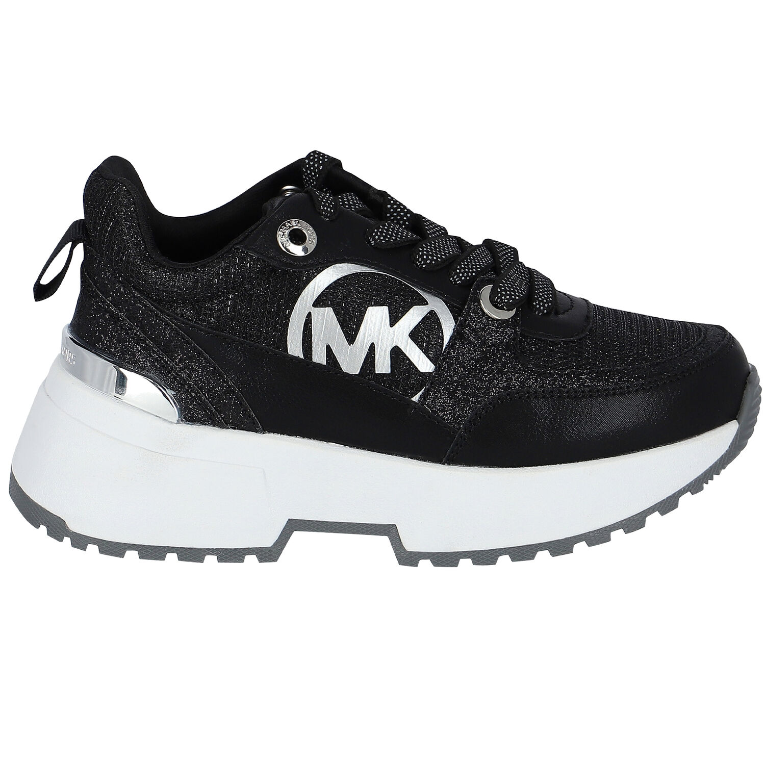 Black & Silver Logo Trainers, 1, hi-res