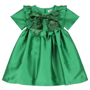 Girls Green Bow Satin Dress