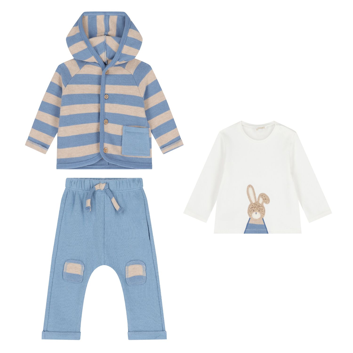 Baby Boys Beige, White & Blue 3 Piece Tracksuit, 1, hi-res