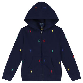 Boys Navy Blue Logo Hooded Zip Up Top