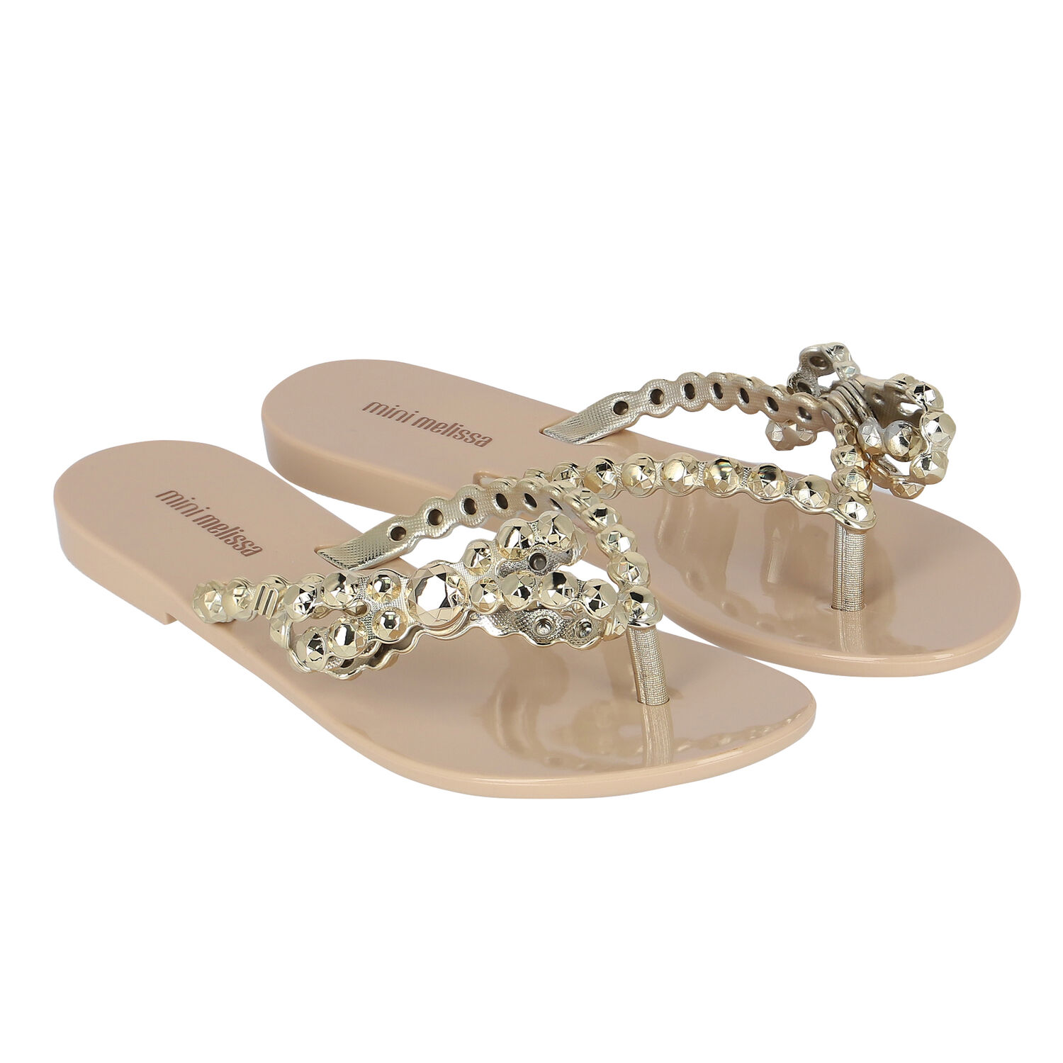 Girls Beige & Gold Bow Flip Flops, 2, hi-res