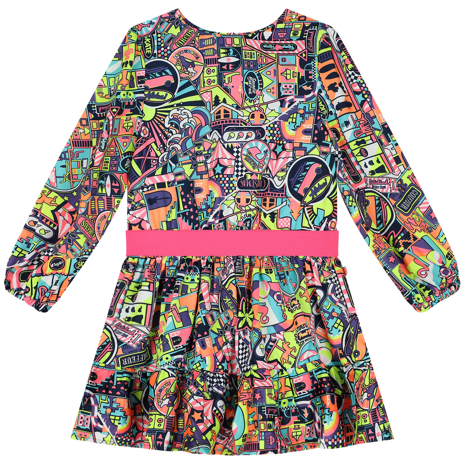 Girls Navy Blue & Neon Pink Dress, 1, hi-res