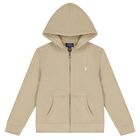 Boys Beige Logo Hooded Zip Up Top, 1, hi-res