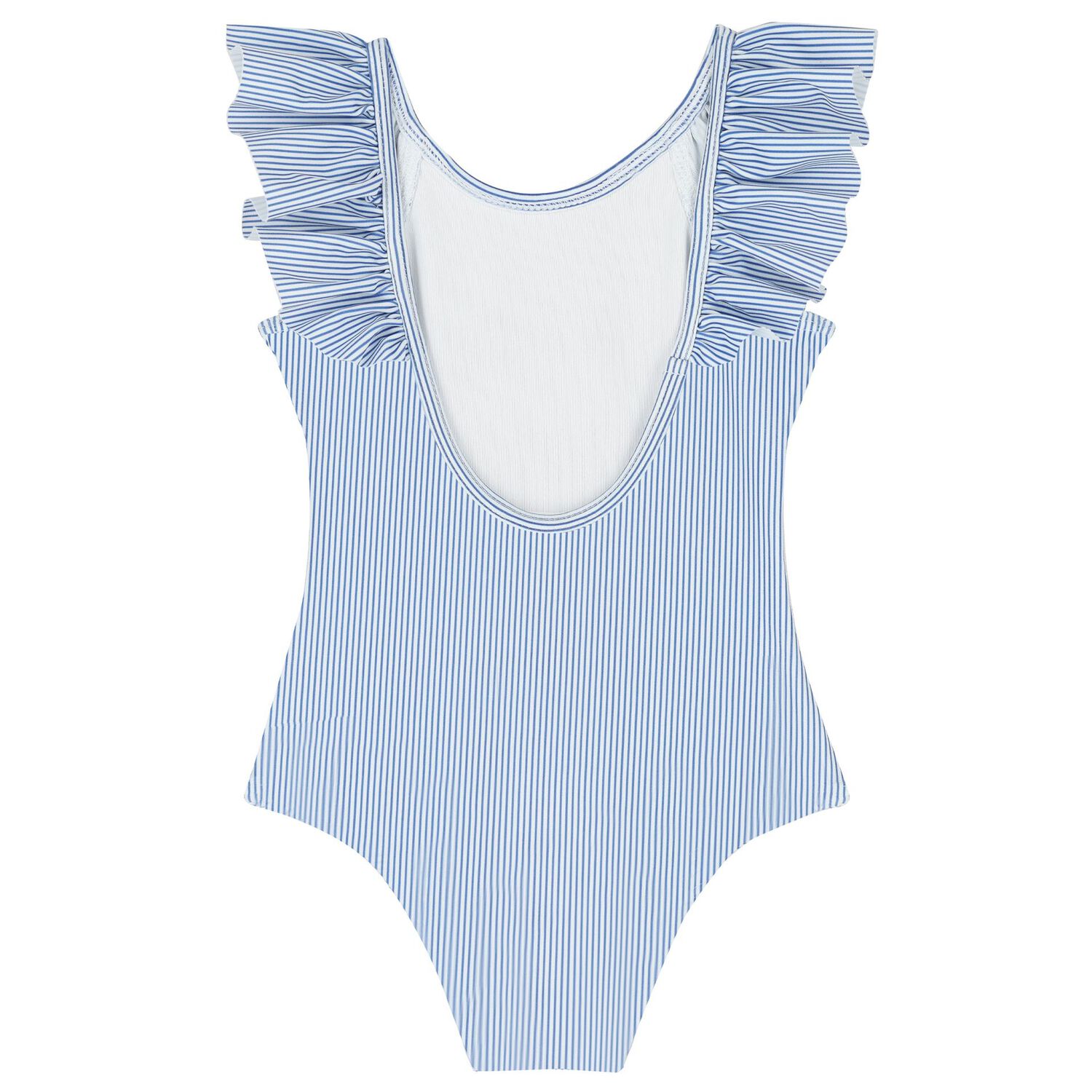 Girls White & Blue Striped Logo Swimsuit, 1, hi-res