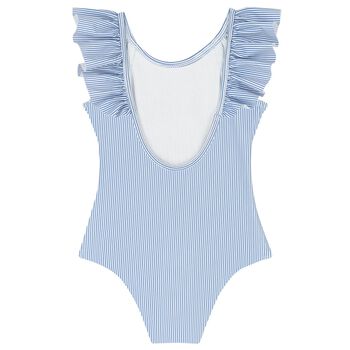 Girls White & Blue Striped Logo Swimsuit