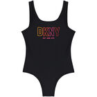 Girls Black Logo Swimsuit, 1, hi-res