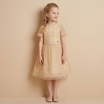 Girls Beige Embroidered Tulle Dress