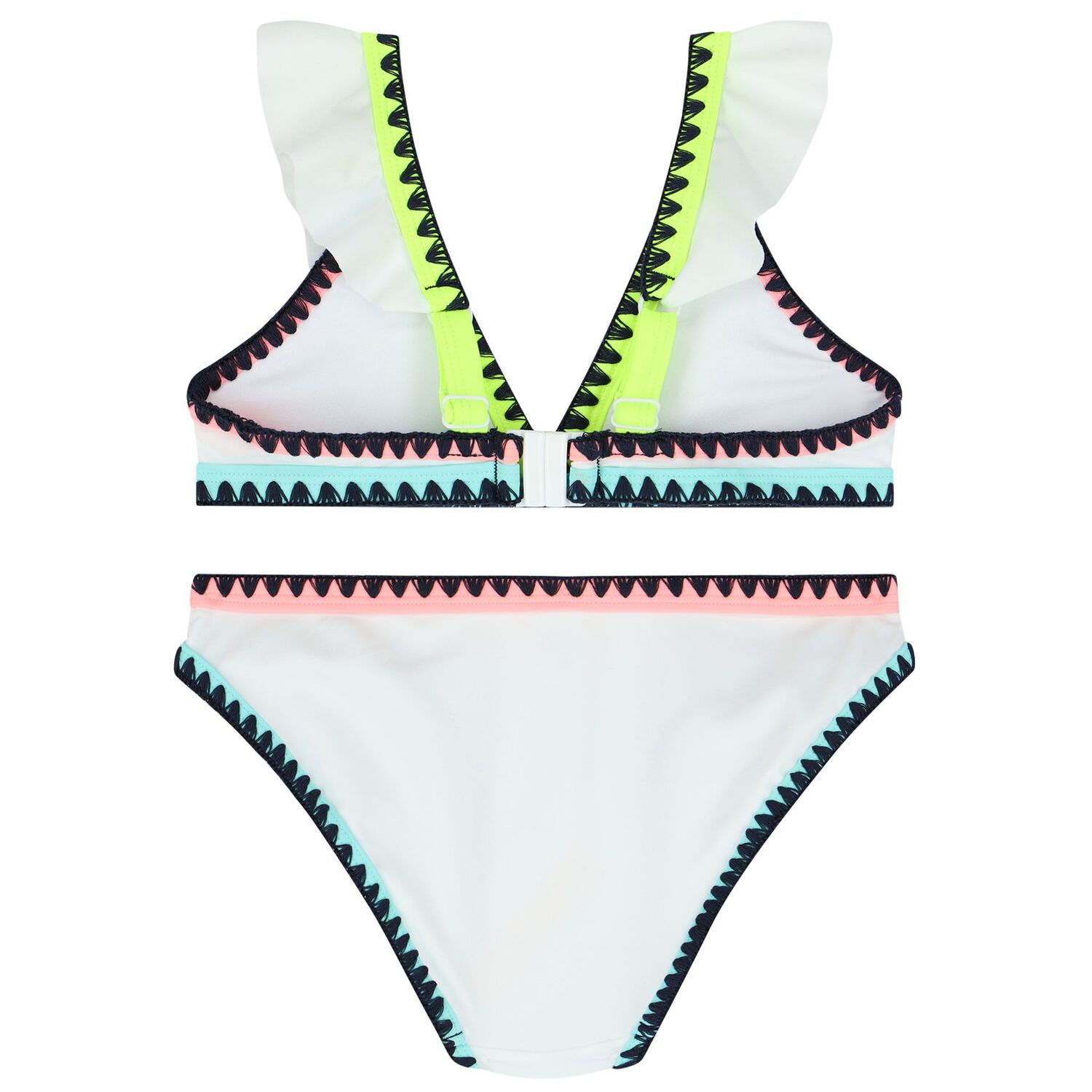 Girls White Ruffled & Embroidered Bikini, 1, hi-res image number null
