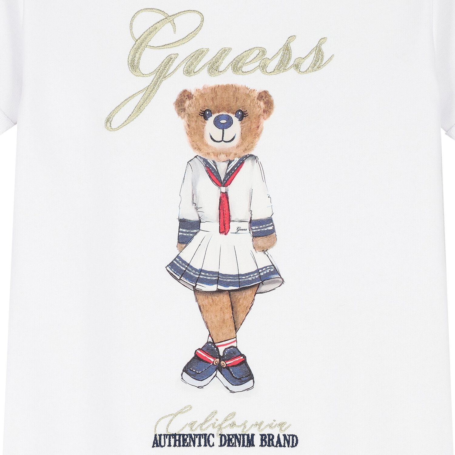 Girls White Cotton Logo Bear Dress, 1, hi-res