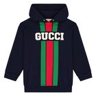 Boys Navy Blue Logo Web Striped Hooded Top, 1, hi-res