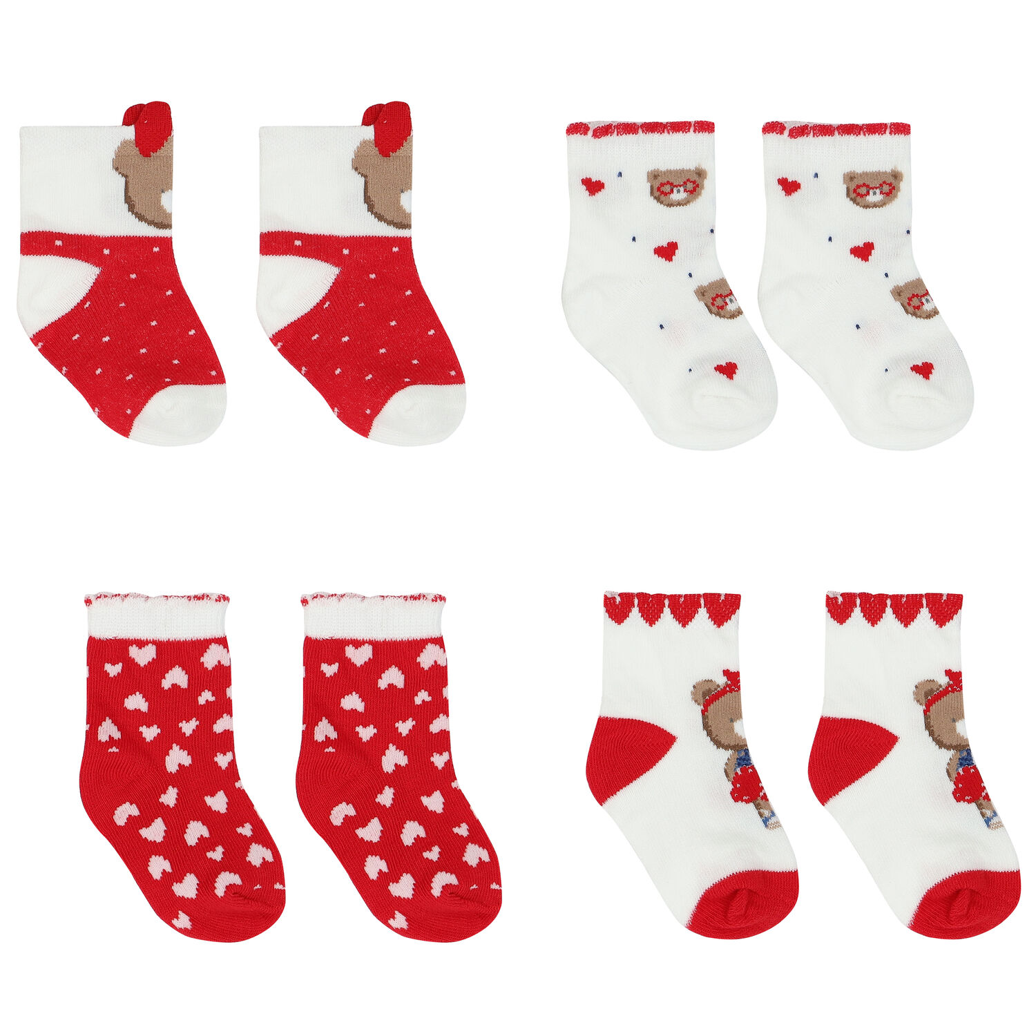 Baby Girls White & Red Teddy Socks ( 4-Pack ), 1, hi-res