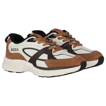 Boys White & Beige Logo Leather Trainers