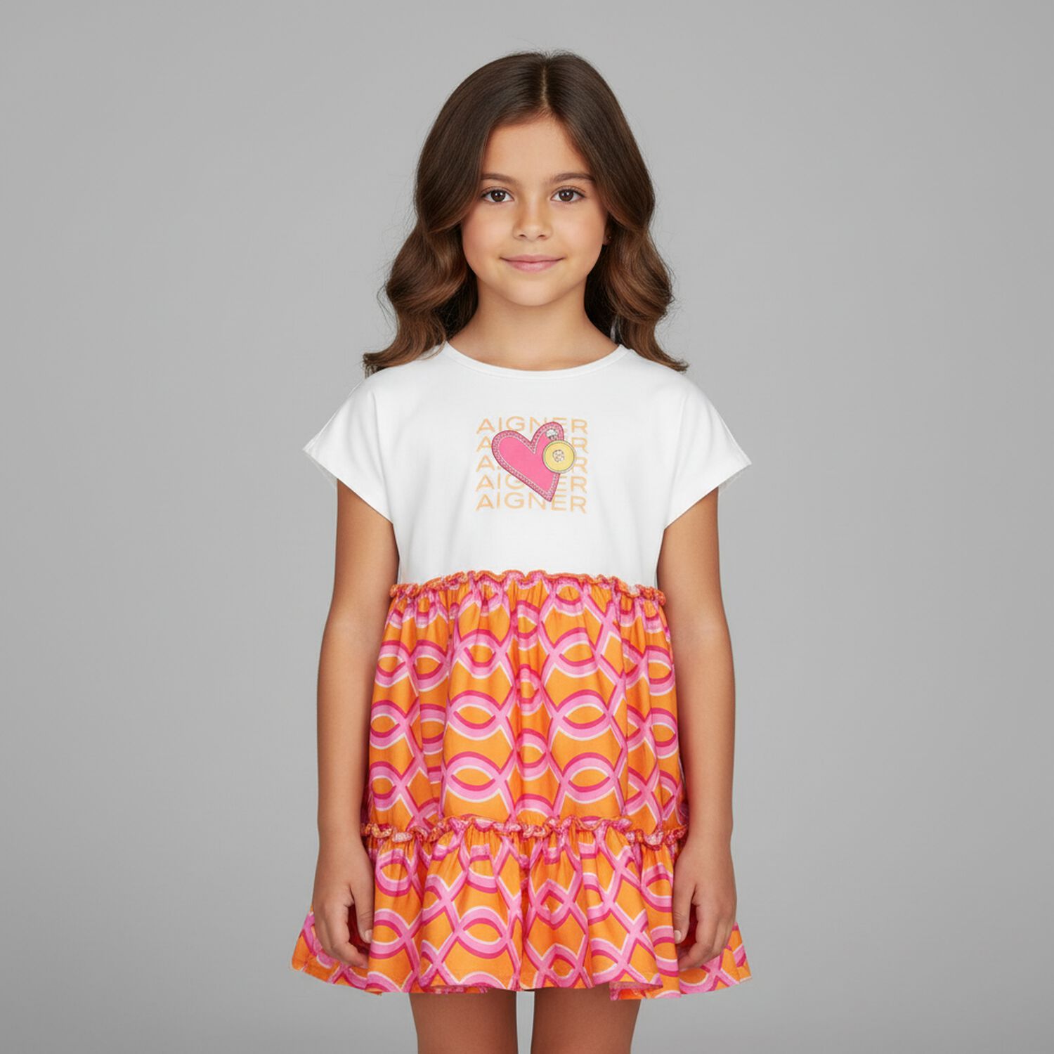 Girls White & Orange Logo Heart Dress, 1, hi-res