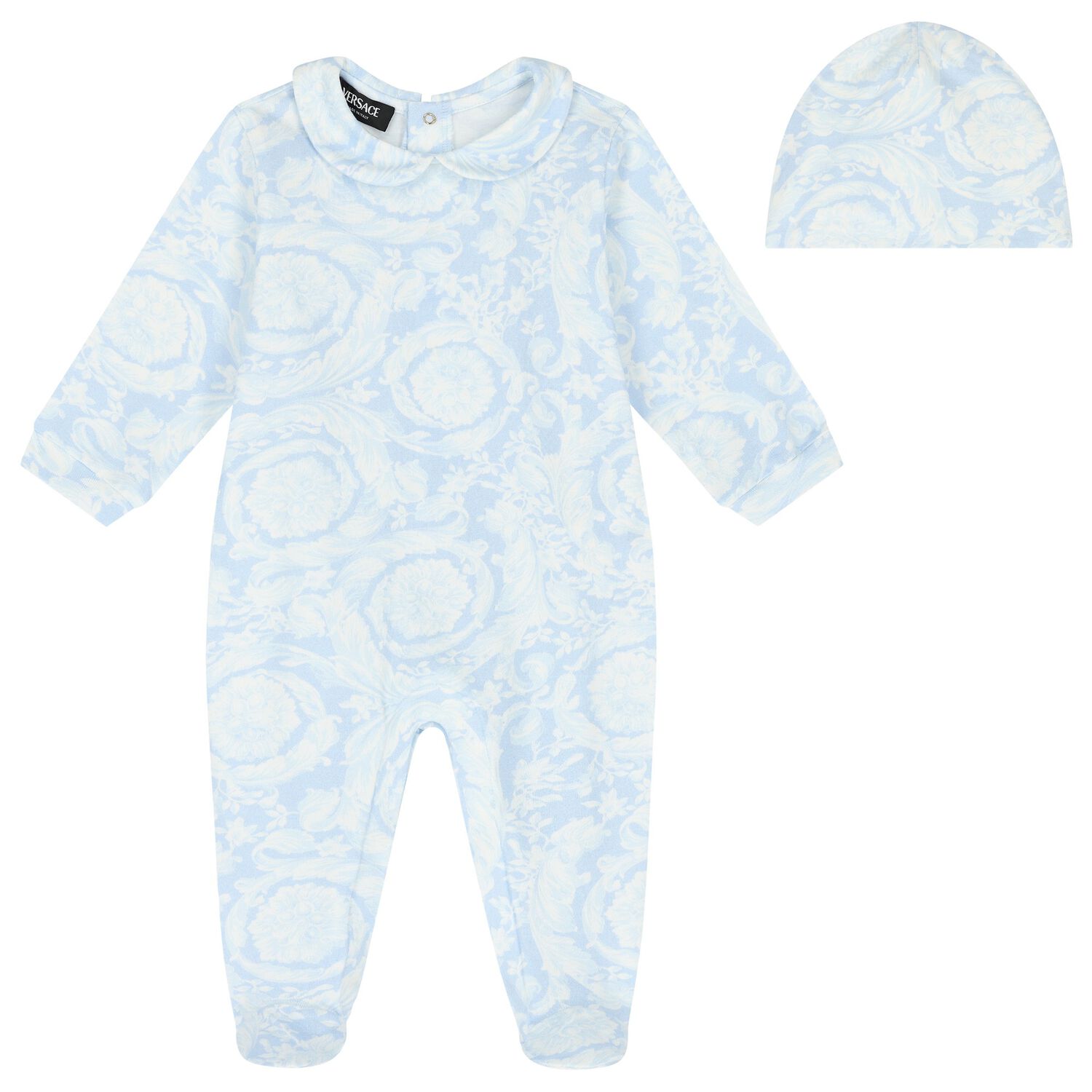 Baby Boys Blue & Ivory Barocco Babygrow Gift Set, 3, hi-res