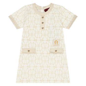 Younger Girls Ivory & Gold Logo Dress