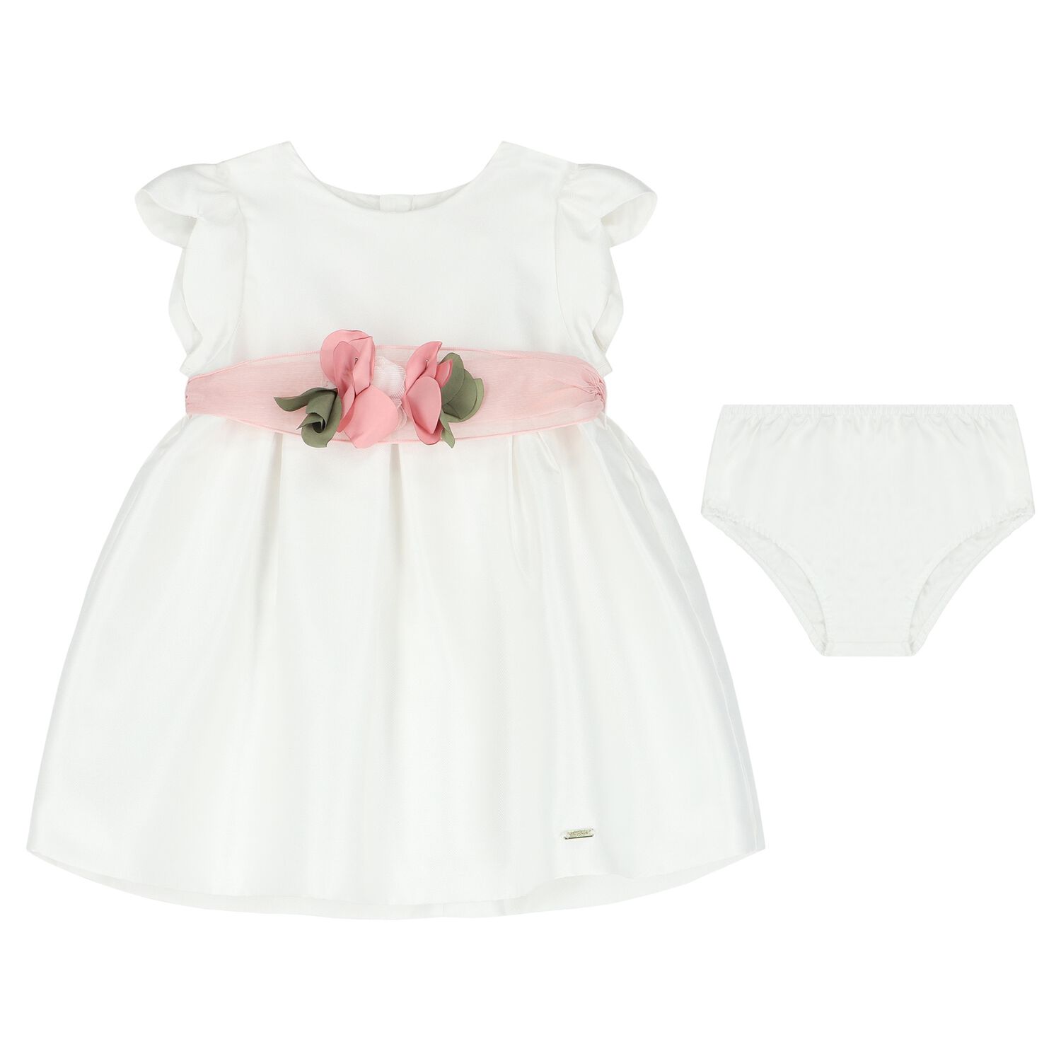 Baby Girls Ivory Flower Satin Dress Set, 1, hi-res