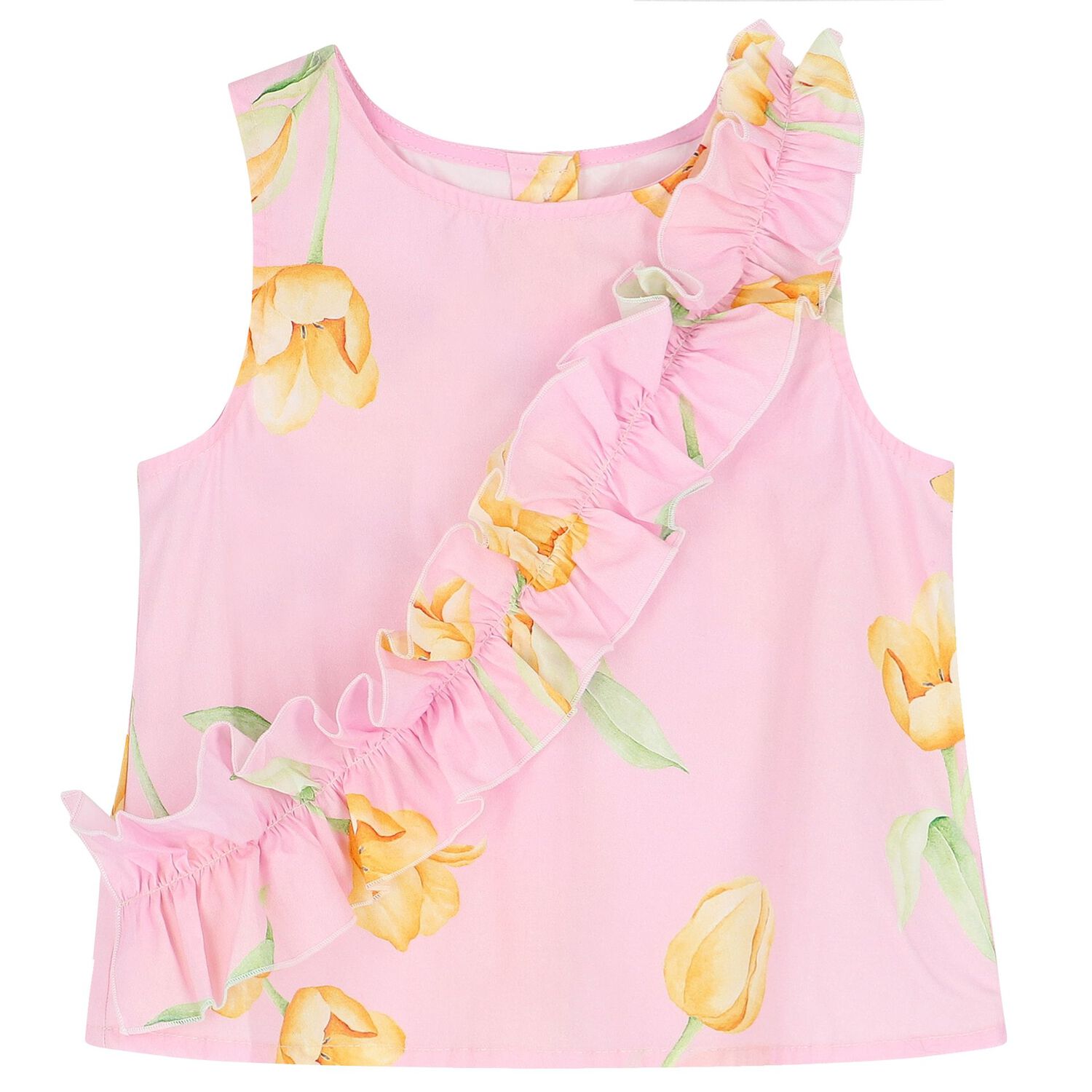 Girls Pink Ruffled Floral Short Set, 1, hi-res
