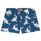 Boys Navy Blue Sharks Swim Shorts, 1, hi-res
