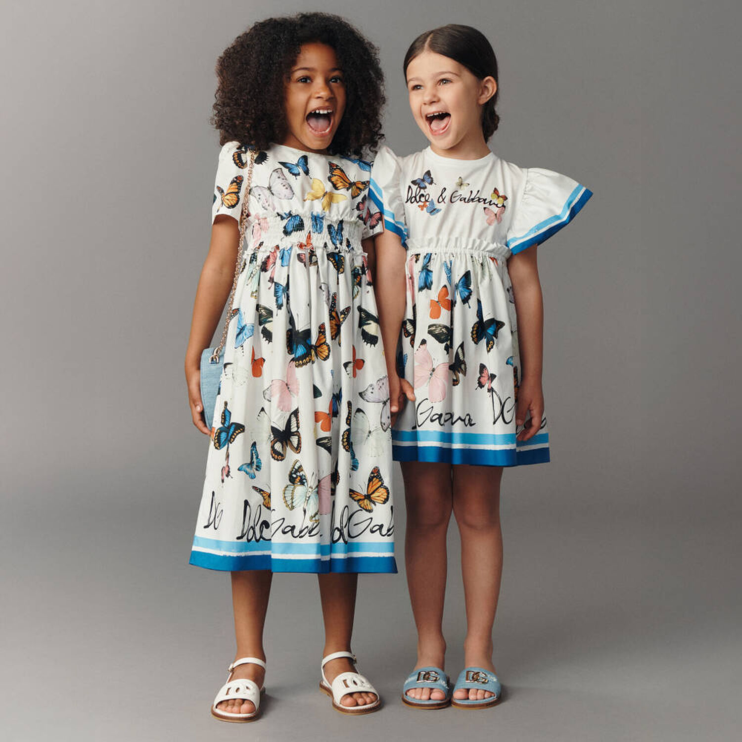 Girls White & Blue Poplin Butterfly Print Dress, 1, hi-res
