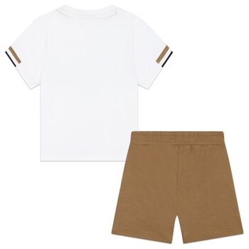 Younger Boys White & Beige Logo Shorts Set