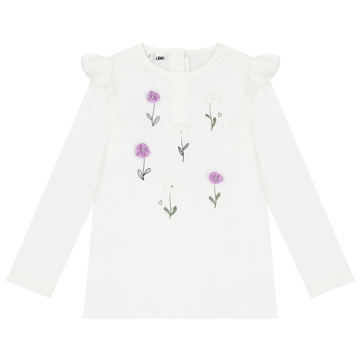 Girls White Floral Long Sleeve Top, 1, hi-res image number null