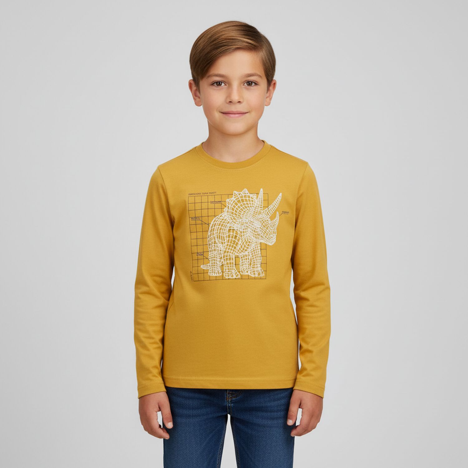 Boys Yellow Dinosaur Long Sleeve Top, 2, hi-res image number null