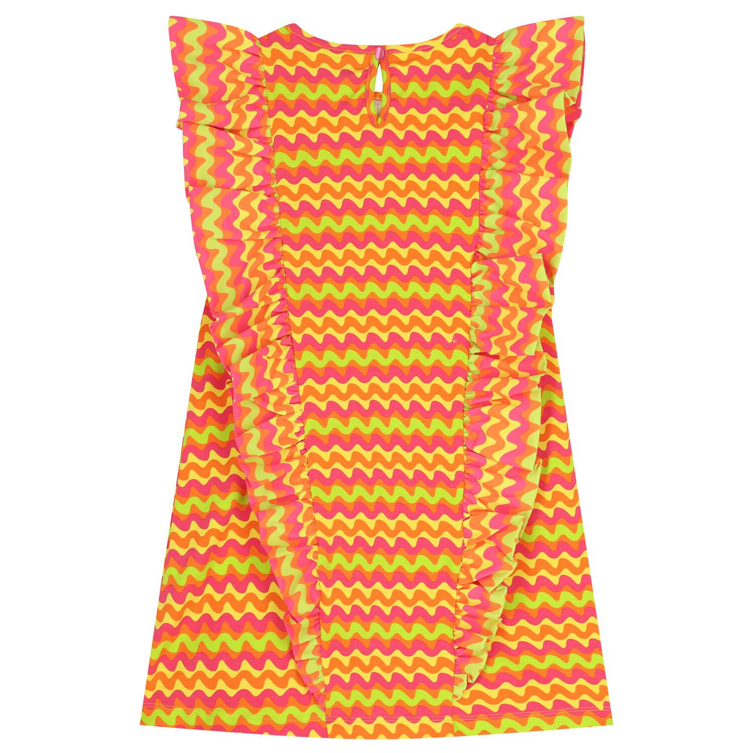Girls Pink & Orange Wavy Stripe Ruffle Dress, 1, hi-res