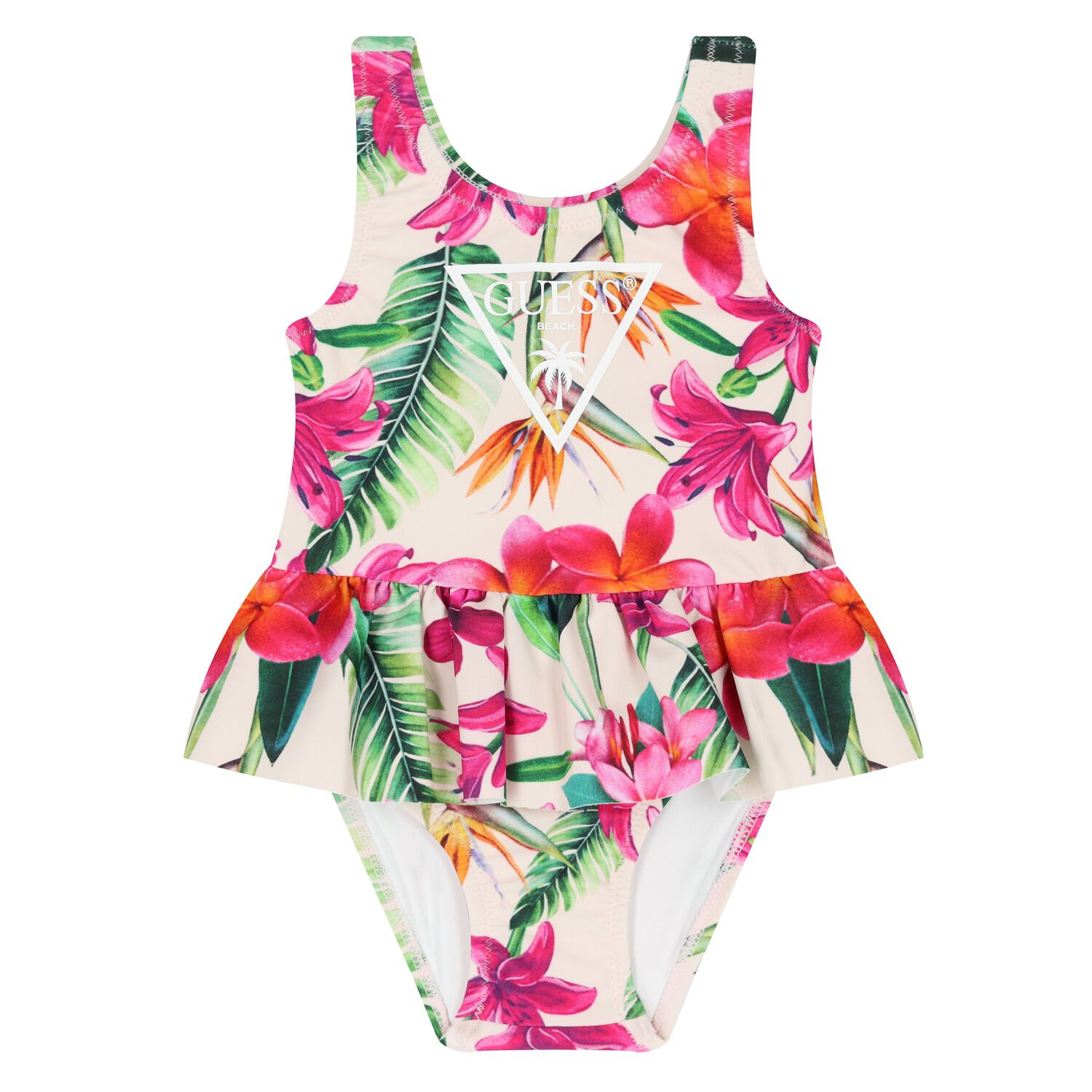 Younger Girls Pink & Ivory Logo Swimsuit, 1, hi-res image number null