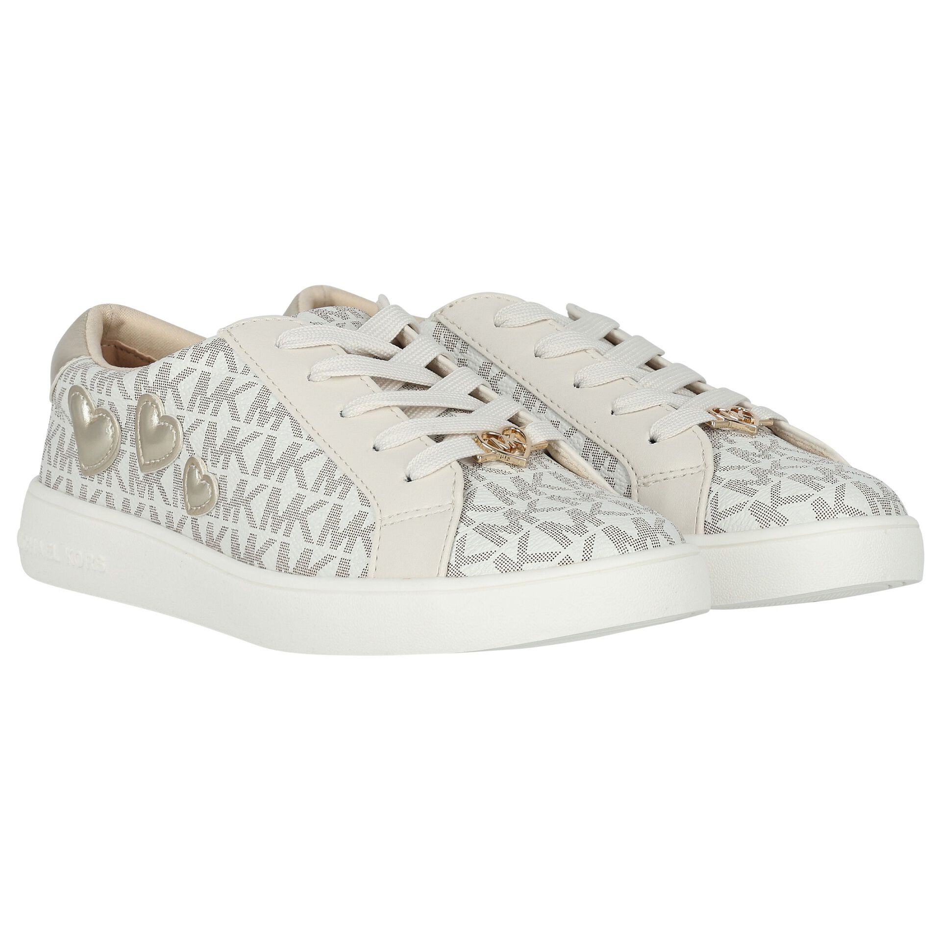 MICHAEL KORS Girls Ivory Gold Logo Hearts Trainers Junior Couture UK