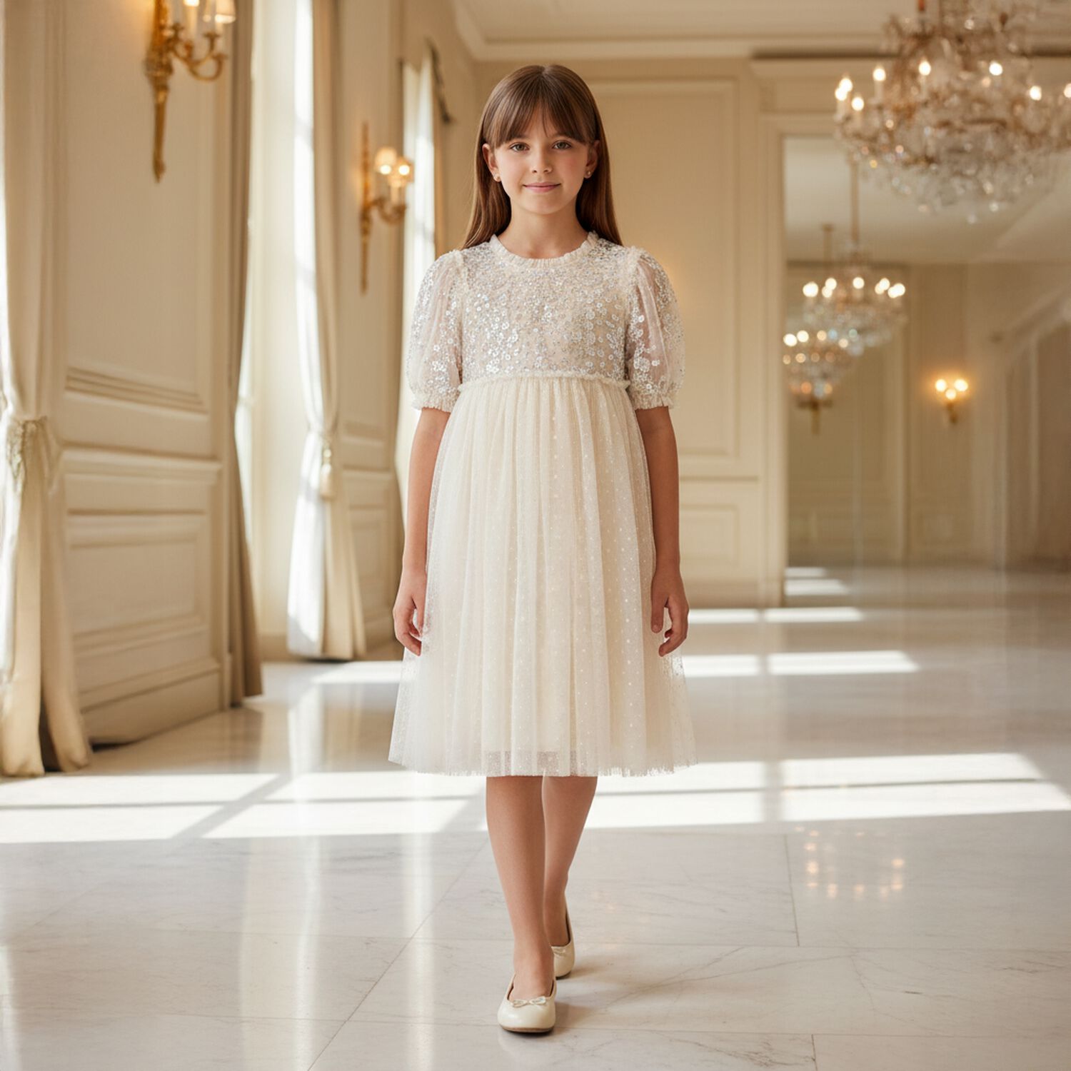 Girls Ivory Sequin & Tulle Dress, 1, hi-res