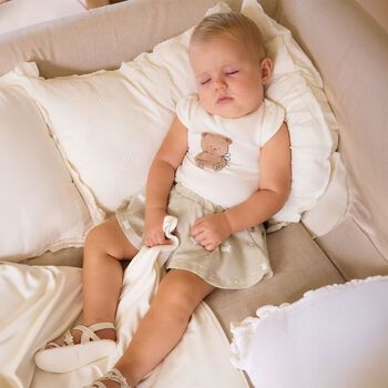 Baby Girls White & Beige Teddy Bear Skirt Set