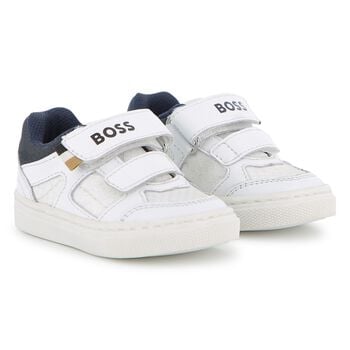Boys White & Navy Blue Logo Trainers